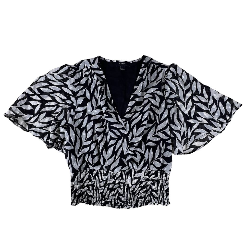 Monochrome Palm Print Flutter Sleeve Blouse S | B… - image 3